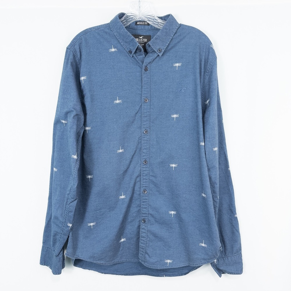 Hollister Mens XL Epic Flex Muscle Fit Long Sleeve Button Down Dragonfly Shirt